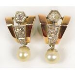 A pair of Art Deco gold, diamond and pearl earrings, the shaped frame set with a main diamond