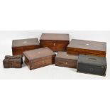 A collection of boxes to include a rosewood writing slope, a rosewood sewing box, etc, also a