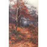 GEORGE COCKRAM (1861-1950); watercolour "Autumn", woodland study with path beside trees, signed,