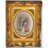 A porcelain plaque with transfer and painted decoration of a young couple in period dress in an