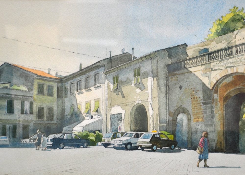 SEAN RICE (1931-1997); watercolour, figures beside cars within an Italian square, signed, 24 x