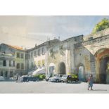 SEAN RICE (1931-1997); watercolour, figures beside cars within an Italian square, signed, 24 x