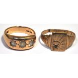 A 9ct gold gents signet ring, size P, a further 9ct gold signet ring, size approx U (af), combined