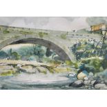 SEAN RICE (1931-1997); watercolour, river landscape with bridge, signed, 19.5 x 28cm, framed and