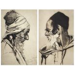 A pair of late 19th early 20th century black and white etchings, portrait studies of elderly