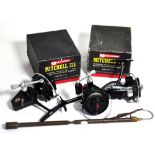 Two Mitchell 324 boxed reels, an extendable brass gaff and an Intrepid Classic fishing reel (4).