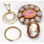 A yellow metal and opal brooch, a 9ct gold cameo brooch, a yellow metal pendant and yellow metal