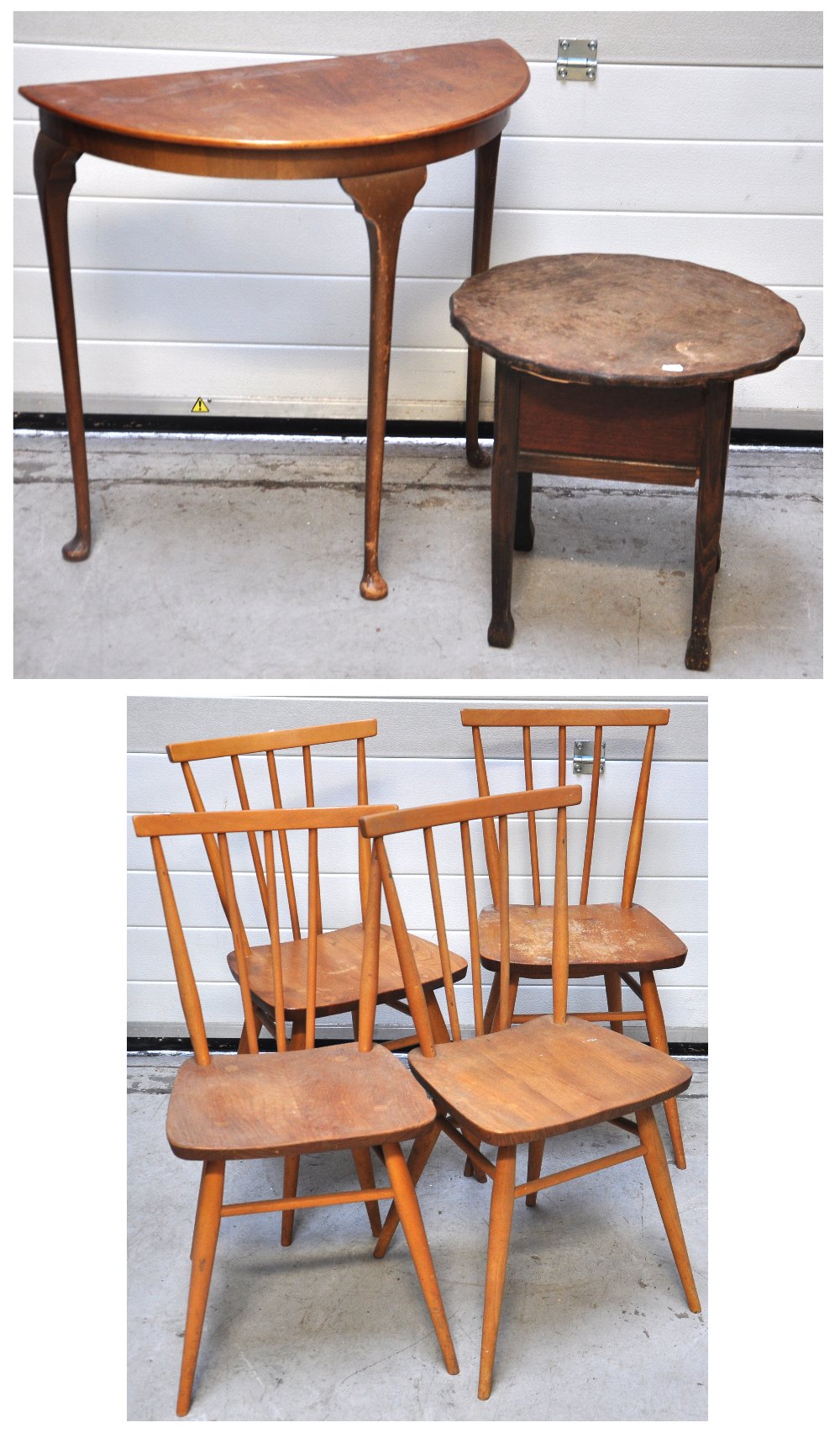 A demi-lune hall table, a sewing box (af) and four pale oak stick back dining chairs (6).