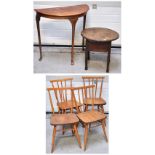 A demi-lune hall table, a sewing box (af) and four pale oak stick back dining chairs (6).