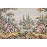 A gilt framed rectangular tapestry depicting figures in a landscape, 76 x 106cm.