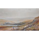 R. WALDRON (19th century); watercolour "Conway, North Wales", landscape with figure and dog leading