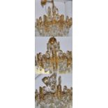 Three matching Swarovski crystal and brass light fittings, height approx 40cm (3).