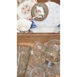 A box of ceramics to include blue and white meat plates, a quantity of glassware and a small