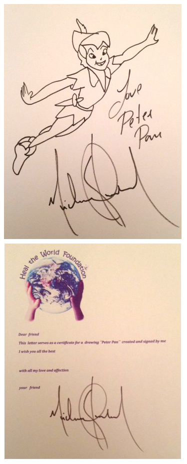 MICHAEL JACKSON; Hand drawn image of Peter Pan, inscribed Love Peter Pan" and signed by the artist