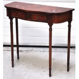 A reproduction half moon shaped hall table on square section tapering legs with lower tier and a