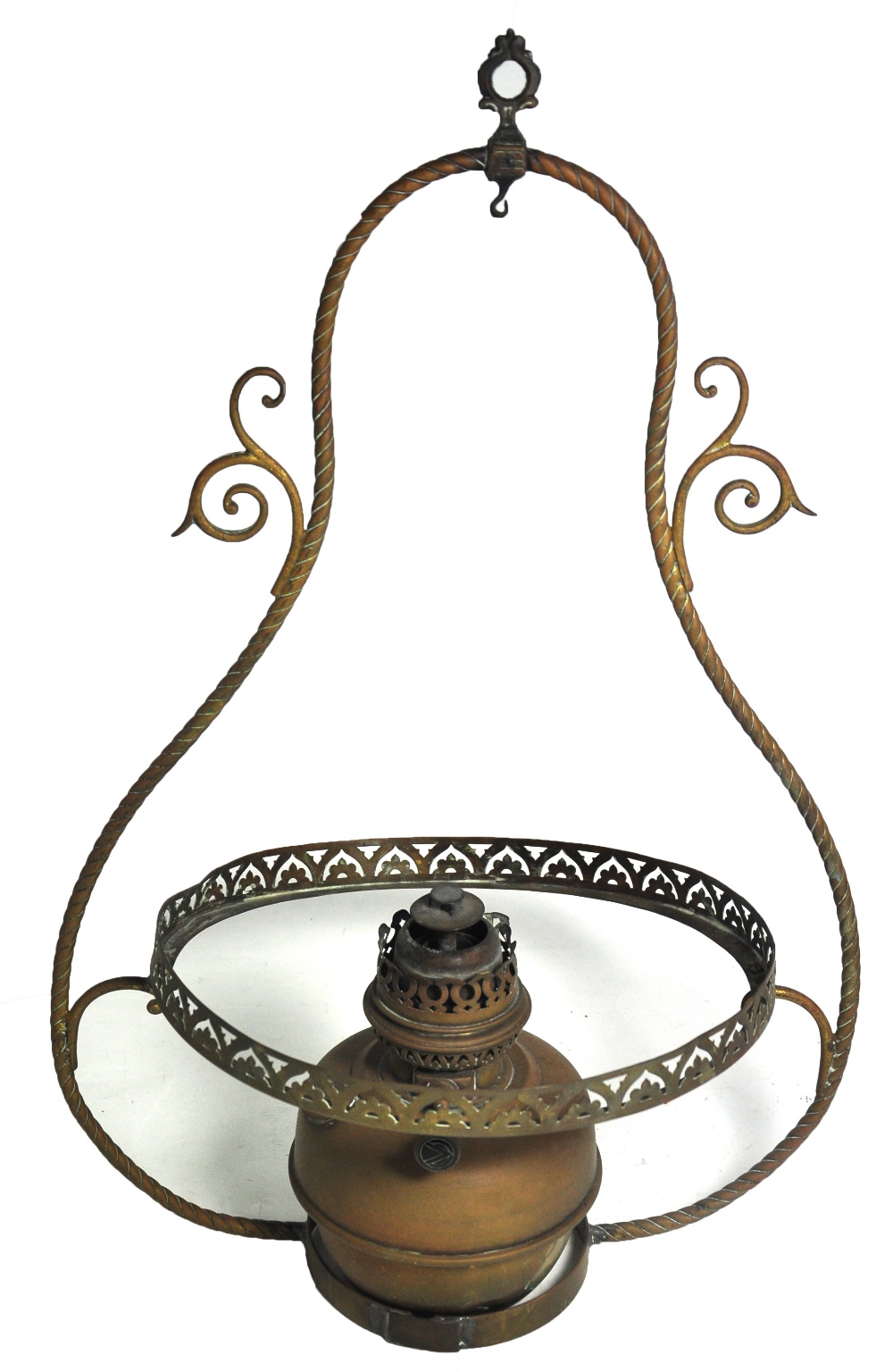 A hanging brass oil lamp with opaque glass shade and scrolling decoration to the sides.