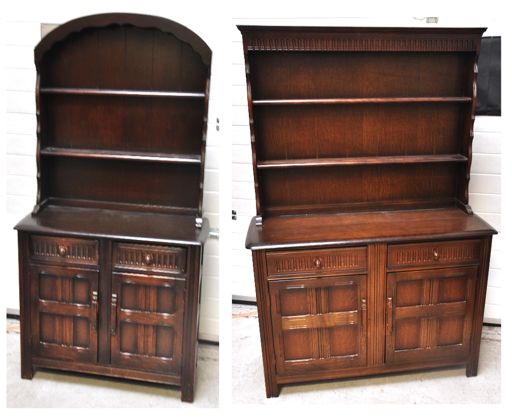 A small Ercol style oak dresser with domed plate rack and a matching larger oak dresser with plate