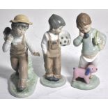 Three Nao figures, a boy with teddy bear and dog, a boy with a football and a boy with a dog on his