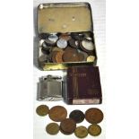 A boxed Ronson lighter and a small quantity of British and world 20th century coinage.