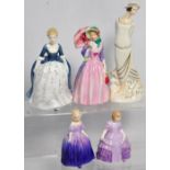 Five Royal Doulton figurines; HN2336 "Alison", HN3801 "Eliza", HN1402 "Miss Demure" artists