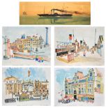 After IAN PENDLETON; five limited edition sketches of Liverpool scenes 19 x 24cm framed and glazed.