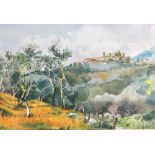 SEAN RICE (1931-1997); watercolour, "A Tuscan Landscape" with village in the distance, signed, 26 x
