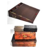 A 19th century mahogany writing slope, a simple rectangular wooden lidded box, a leather clad