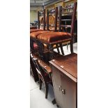 A mid 20th century oak fold over dining table, extended width 100cm, four mahogany dining chairs