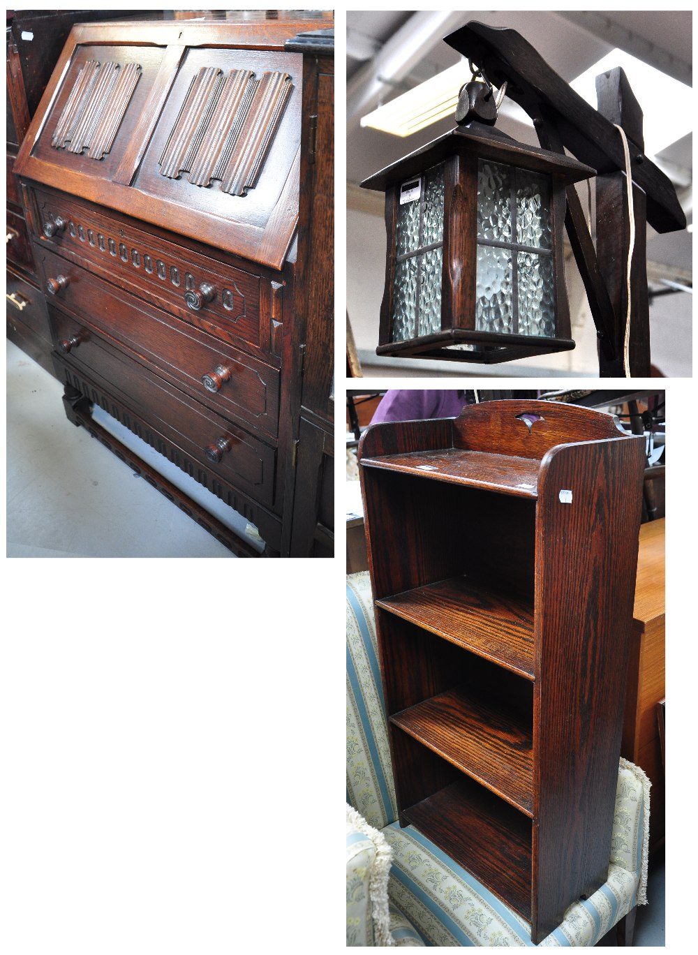 A c.1930s oak bureau, a mid 20th century oak open bookcase with three shelves and a wooden standard