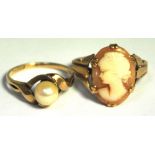 Two 9ct gold rings; one set with an oval carved cameo the second with a cultured pearl, ring sizes