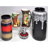 Three West German lava/treacle glaze style vases the largest height 41cm and two Hornsea Pottery