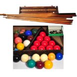 Three box sets of three ivory billiard balls, J.Ashcroft and a box of ivory balls and a wooden