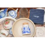 A box of ceramics and glass to include teaware, Royal Doulton and Rockware glass.