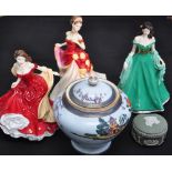 Two Royal Doulton ladies HN5465 "Pretty Ladies", HN5466 "Winter Ball", a Coalport figure "Elisa", a