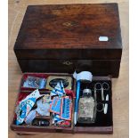 A walnut sewing box with contents of cottons, scissors, etc,