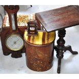 A occasional table on tripod legs, two oak storage units with upholstered seats and an oak