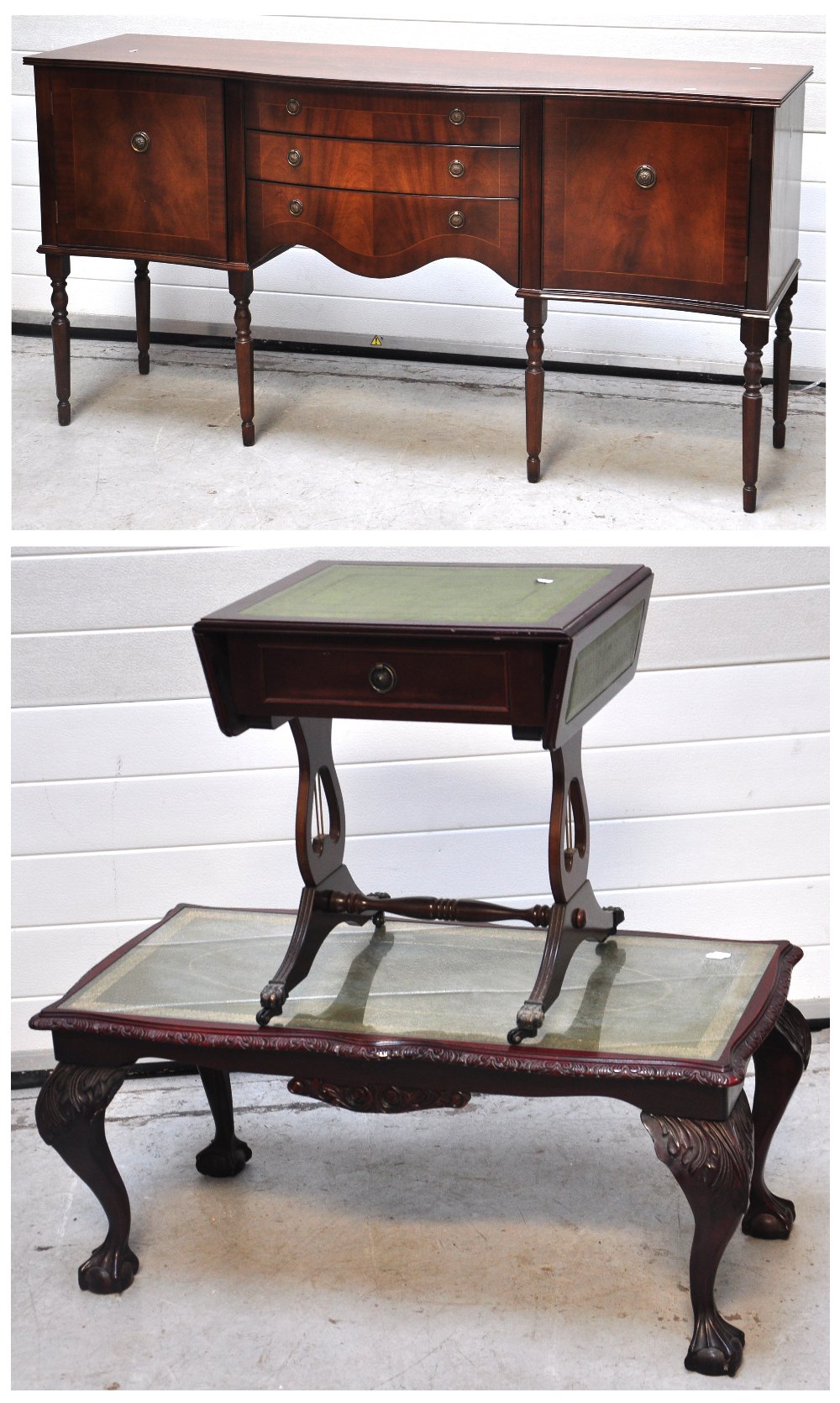 A mahogany reproduction serpentine outlined sideboard, a coffee table and a small leather topped
