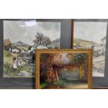 LINDA POGGIO; Two watercolours, country scenes with figures of children, signed Linda Poggio, 40 x