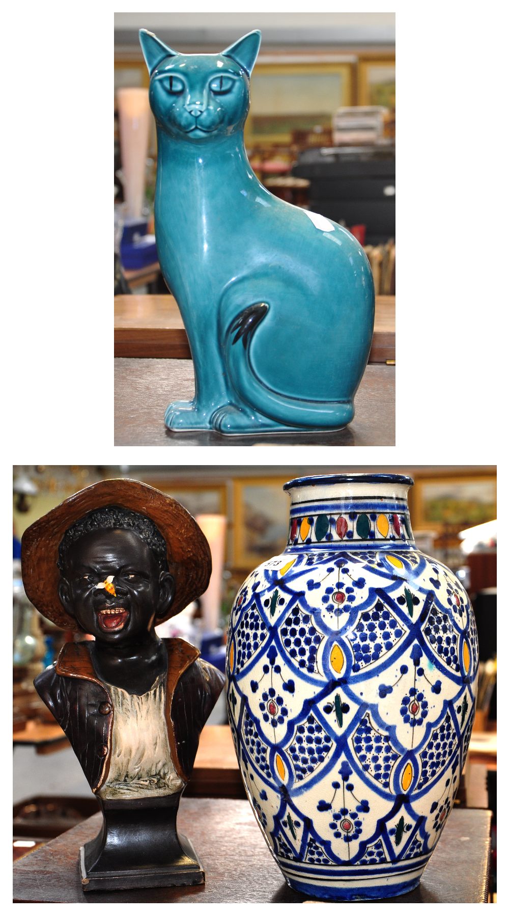 A large turquoise glazed Poole cat (af), a large Continental baluster vase, a Wedgwood majolica jug