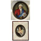 Two decorative oval portrait miniatures in ivory piano key frames, 14.5 x 12.5cm and 8.5 x 7.25cm