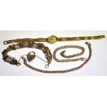 A 9ct gold bracelet with attached padlock, two 9ct gold Italian bracelets and a ladies gold plated