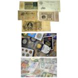 A small quantity of banknotes to include a white five pound note dated 1955, a further quantity of