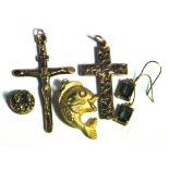 A 9ct gold cross pendant, another similar, a fish pendant, a pair of earrings and a small fob (af)