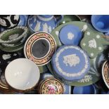 A quantity of blue, green and black Wedgwood jasper ware to include trinket pots, dishes and jugs