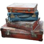 Four vintage leather suitcases, the largest width 60cm, together with a set of vintage plastic