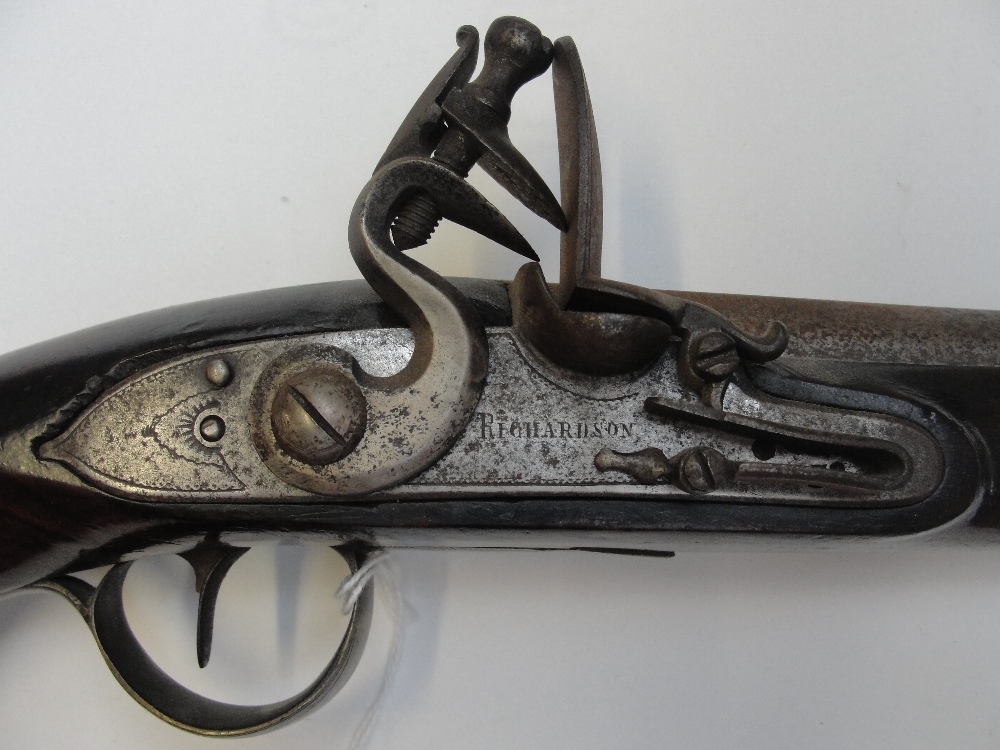 A late 18th century flintlock pistol with walnut stock and brass furniture, and face mask to the - Image 2 of 7