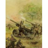 BRIAN DE GRINEAU; pastel and watercolour drawing depicting an artillery division opening fire,