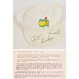 A Masters cap, signed by “The Big Three”, Jack Nicklaus, Arnold Palmer and Gary Player.