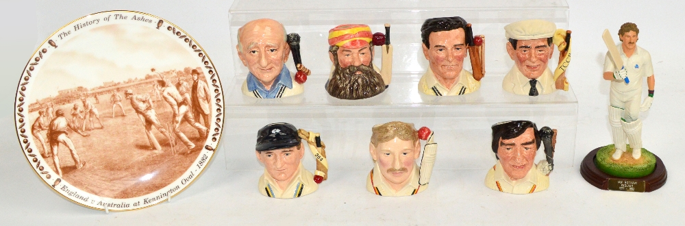 Seven Royal Doulton cricket character jugs; D6845 "WG Grace", D7091 "Ian Botham", D7076 "Denis