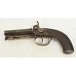 A 19th century double barrelled percussion cap pistol with foliate engraved lock and chequered